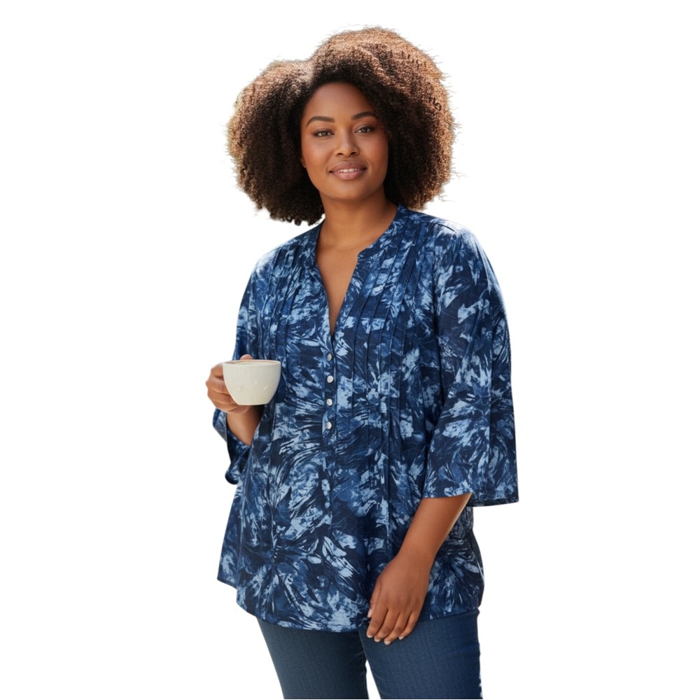 NY Collection 3/4 Bell Sleeve Pleat Front Y-neck Top, Color Blue&White,‎ Small